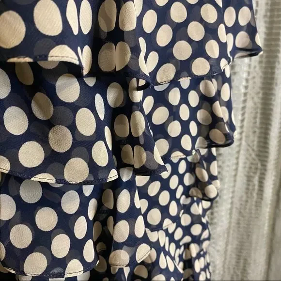 ADRIANNA PAPELL Womens Sleeveless Polka Dot Ruffle Front Dress Navy & Beige SZ 4 - Picture 3 of 6